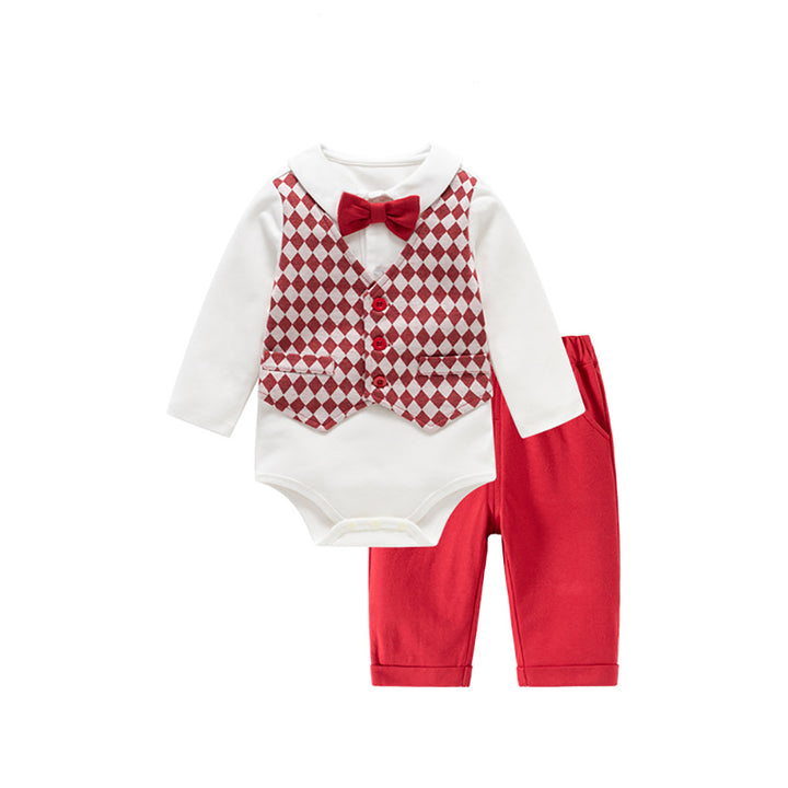 Boys Shirt Collar Long Sleeves Romper With Trouser With Waistcoat