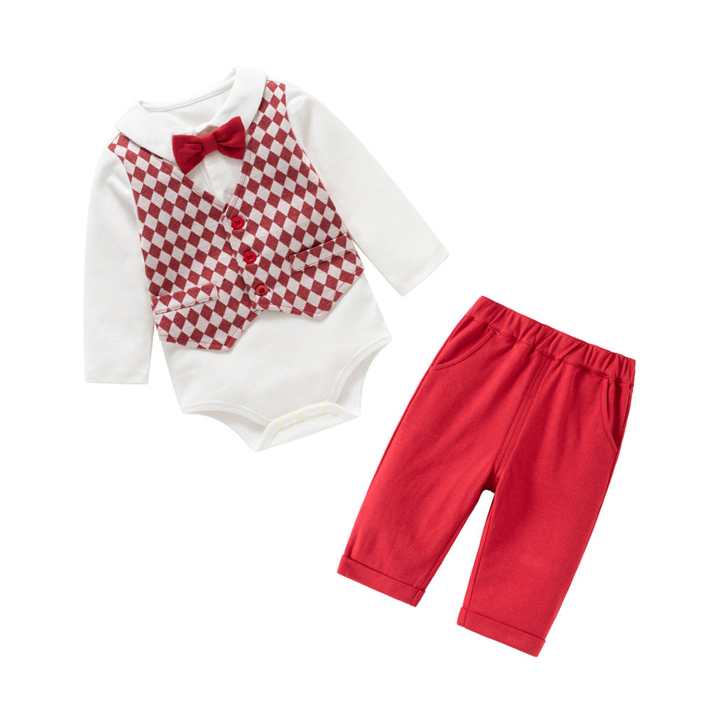 Boys Shirt Collar Long Sleeves Romper With Trouser With Waistcoat