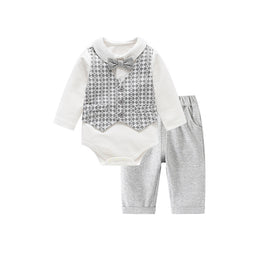 Boys Shirt Collar Long Sleeves Romper With Trouser With Waistcoat