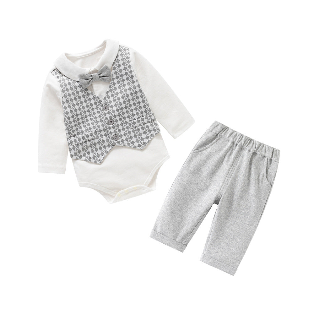 Boys Shirt Collar Long Sleeves Romper With Trouser With Waistcoat