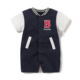 Infant Boys Navy Blue Mandarin Collar Cotton Rompers