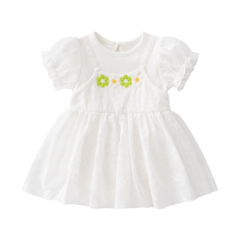 Infants Girls White & Green Puff Sleeves Cotton Bodysuit