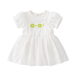 Infants Girls White & Green Puff Sleeves Cotton Bodysuit