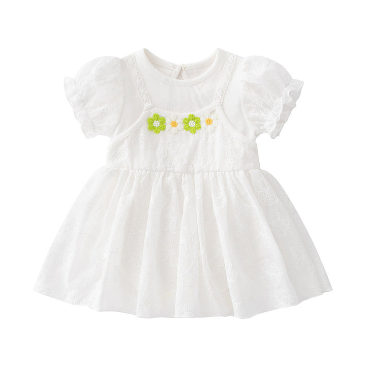 Infants Girls White & Green Puff Sleeves Cotton Bodysuit