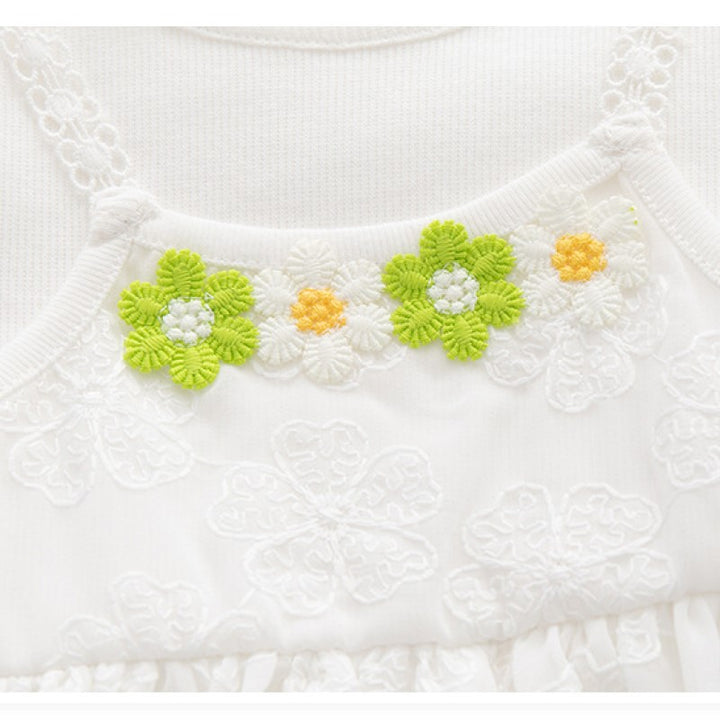 Infants Girls White & Green Puff Sleeves Cotton Bodysuit