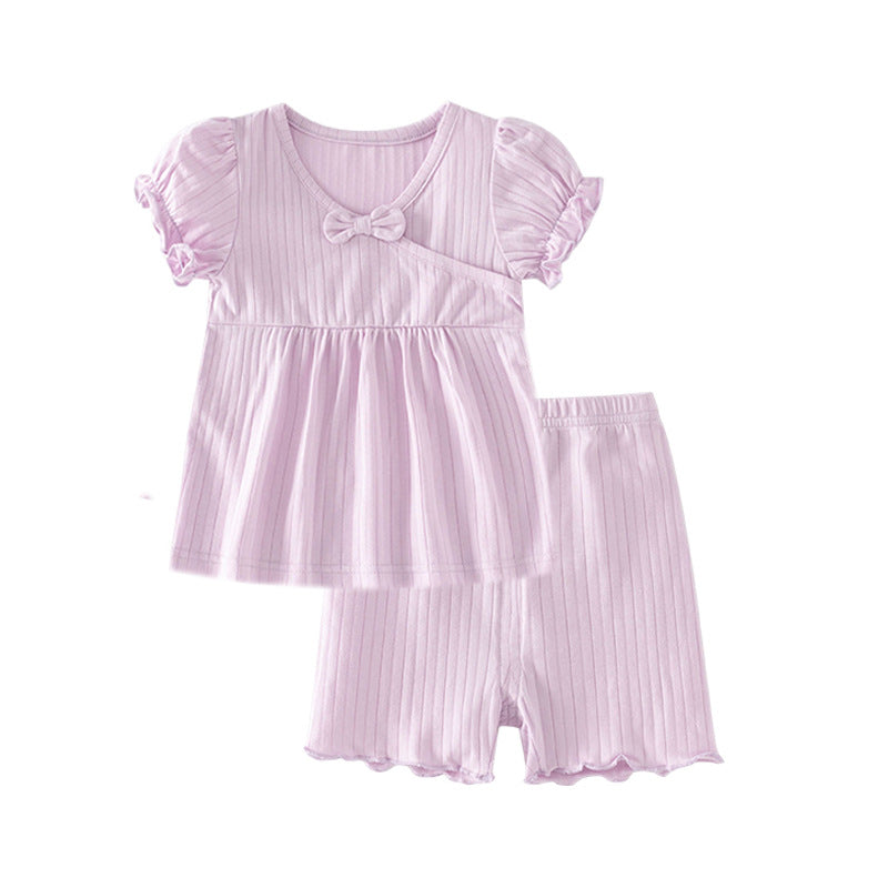 Girls Purple Ribbed Pure Cotton Top with Shorts