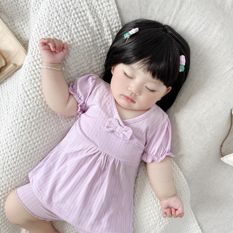 Girls Purple Ribbed Pure Cotton Top with Shorts