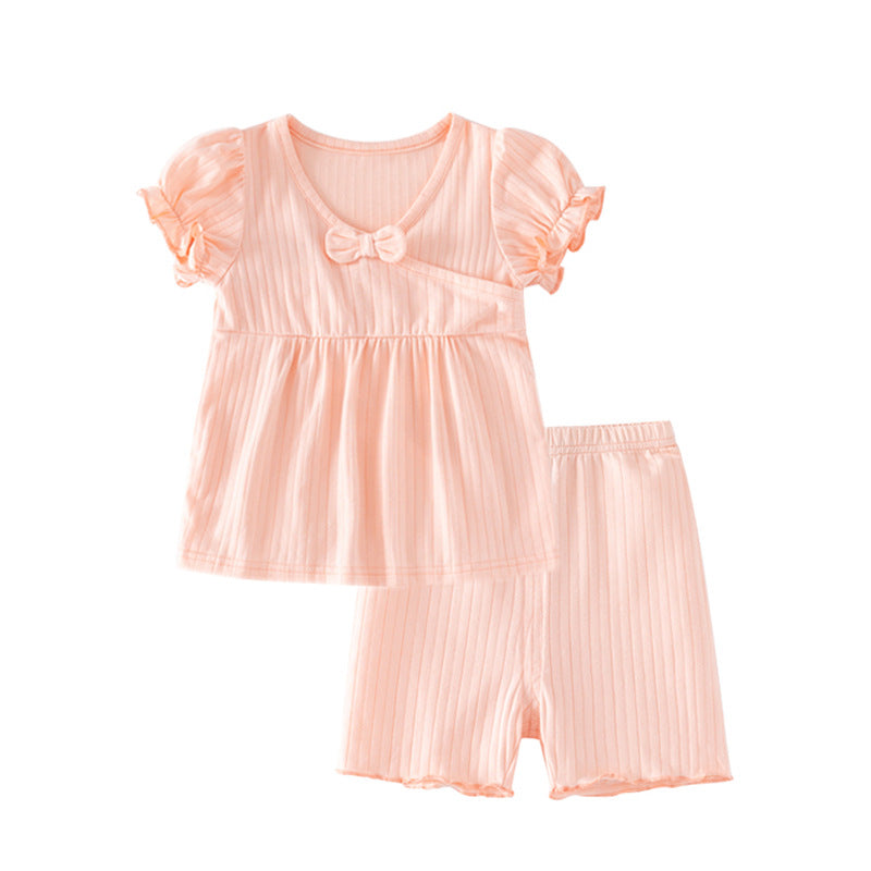 Girls Pink Ribbed Pure Cotton Top With Shorts