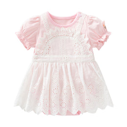 Infant Girls Pink & White Self Design Puff Sleeves Cotton Bodysuit