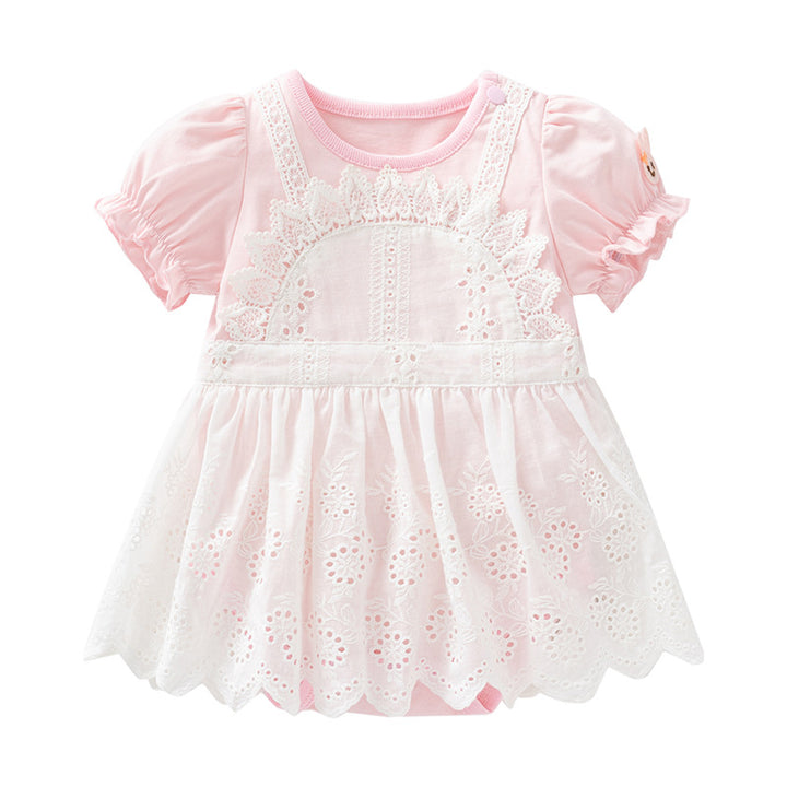 Infant Girls Pink & White Self Design Puff Sleeves Cotton Bodysuit