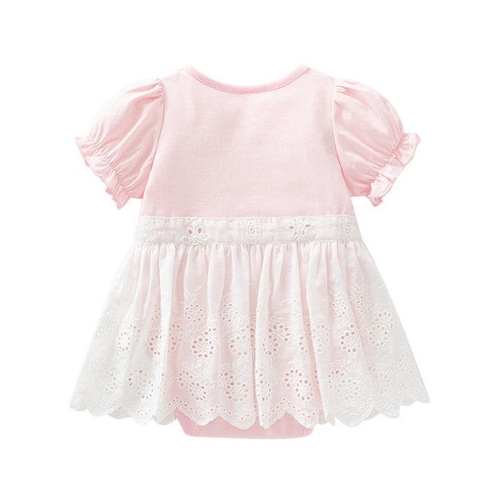 Infant Girls Pink & White Self Design Puff Sleeves Cotton Bodysuit