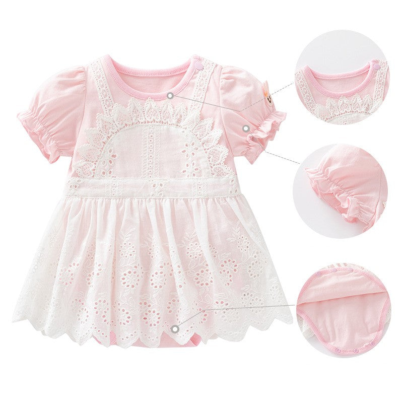 Infant Girls Pink & White Self Design Puff Sleeves Cotton Bodysuit