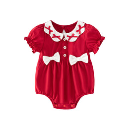 Maroon Infant Girls Puff Sleeves Cotton Bow Bodysuit