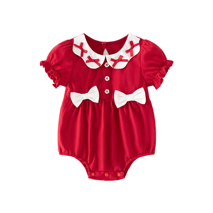 Maroon Infant Girls Puff Sleeves Cotton Bow Bodysuit