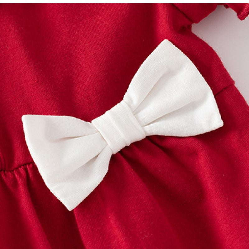 Maroon Infant Girls Puff Sleeves Cotton Bow Bodysuit