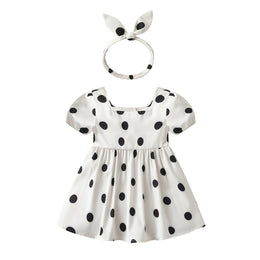 White Polka Dot Printed Puff Sleeve Cotton Fit & Flare Dress With Hairband
