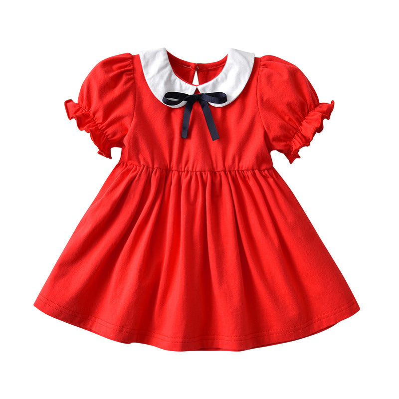 Girls Peter Pan Collar Puff Sleeves Cotton Fit & Flare Dress