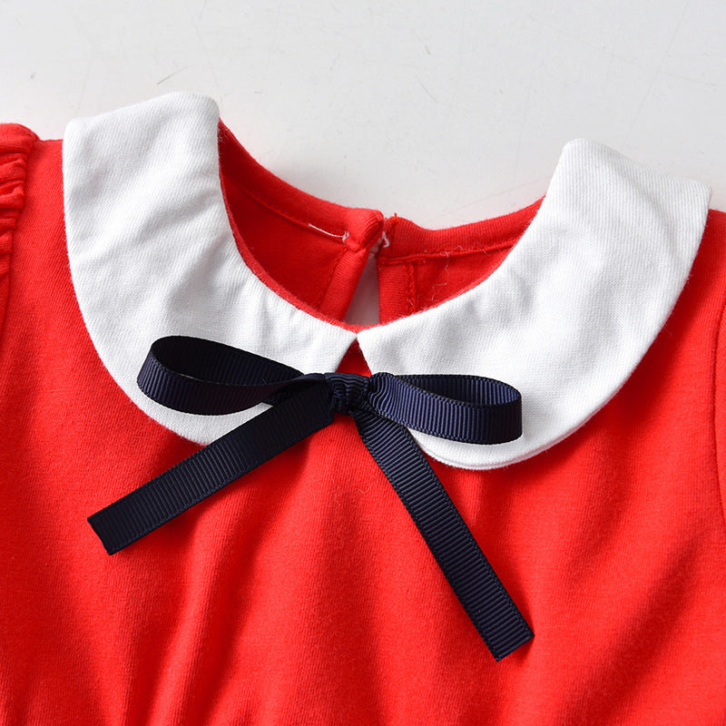 Girls Peter Pan Collar Puff Sleeves Cotton Fit & Flare Dress