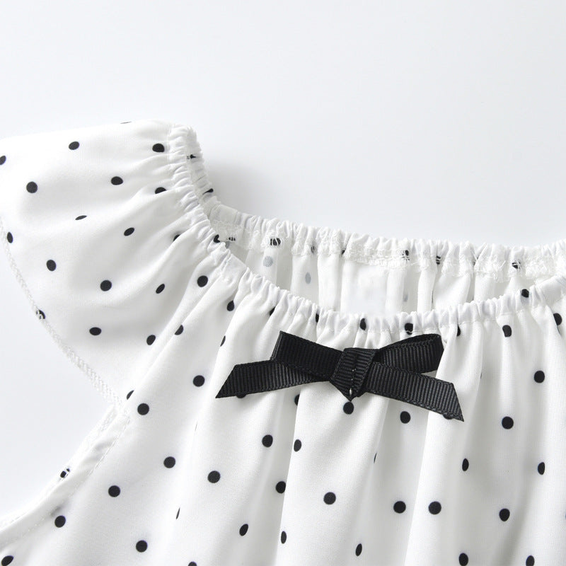 White & Black Girls Polka Dot Printed Cap Sleeves Bow Detail A-Line Dress