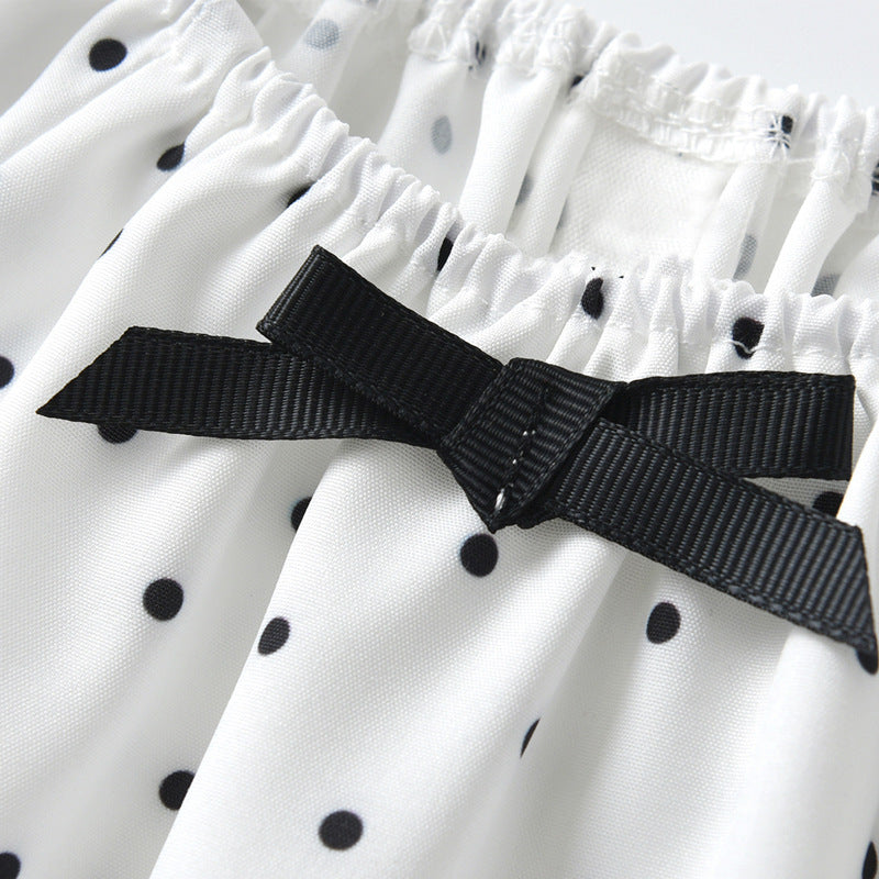 White & Black Girls Polka Dot Printed Cap Sleeves Bow Detail A-Line Dress