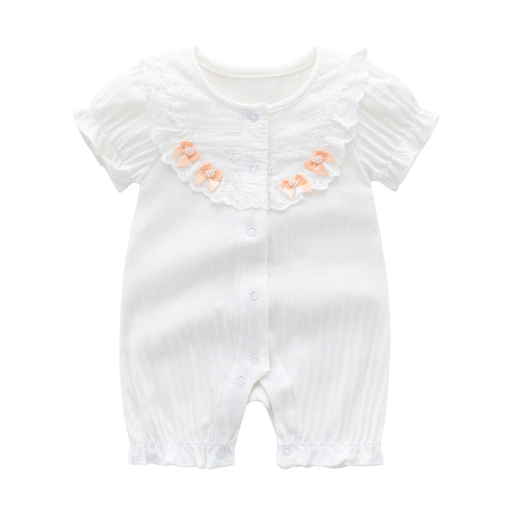White & Orange Infant Girls Schiffli Cotton Rompers
