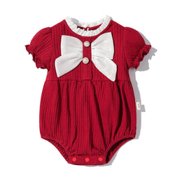 Infants Girls Red Self Design Cotton Bodysuit