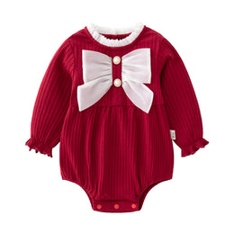 Infant Girls Red Self Design Cotton Bodysuit