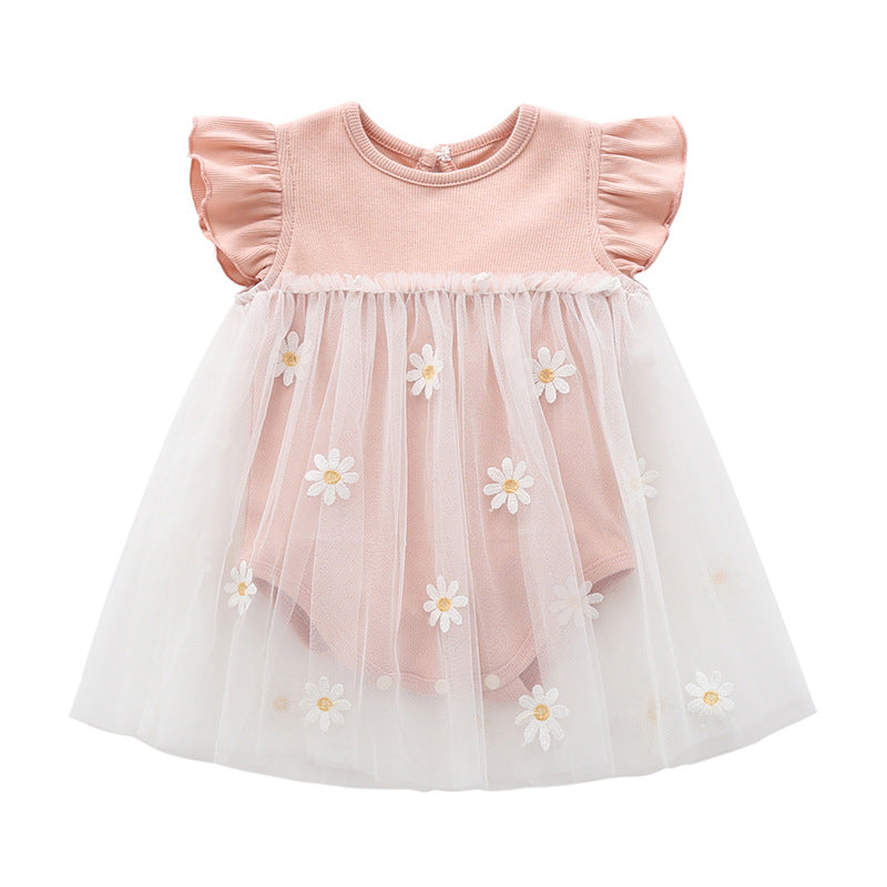 Pink Infant Girls Self Design Cotton Floral Applique Frock bodysuit