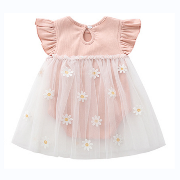 Pink Infant Girls Self Design Cotton Floral Applique Frock bodysuit