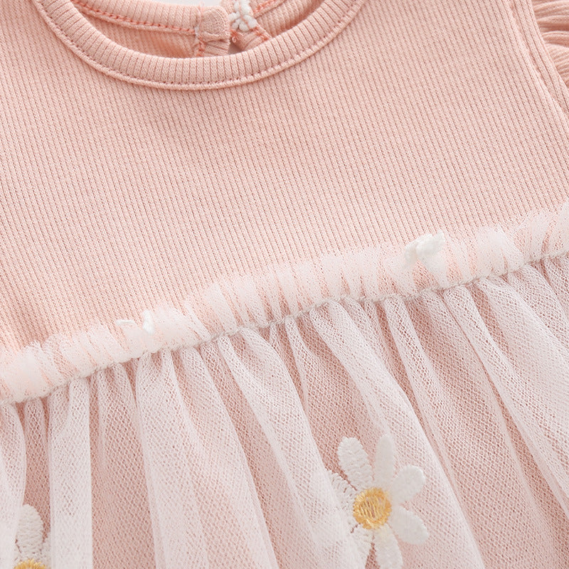 Pink Infant Girls Self Design Cotton Floral Applique Frock bodysuit