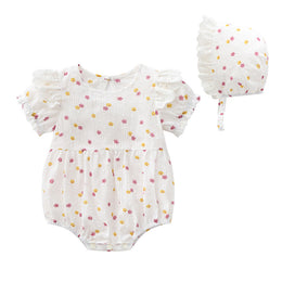 Infant Girls White Printed Short Sleeves Bodysuit With Cap