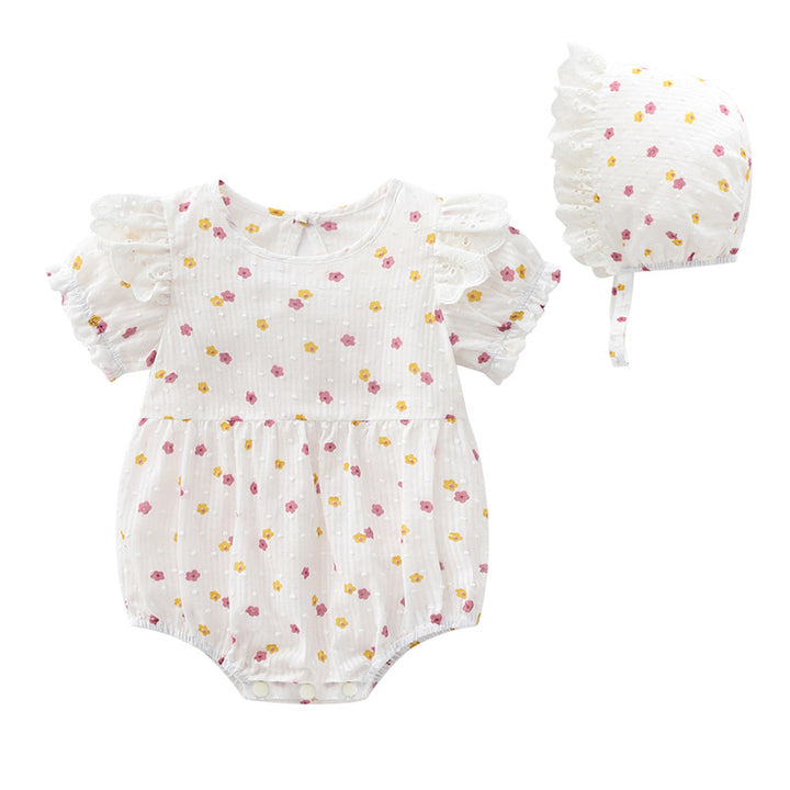 Infant Girls White Printed Short Sleeves Bodysuit With Cap