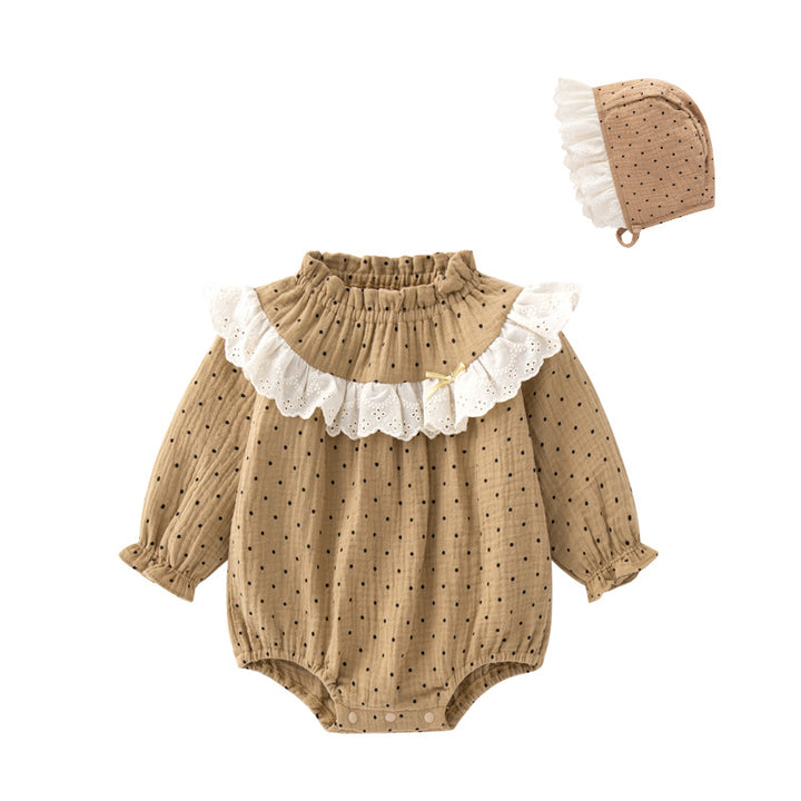 Khaki Infant Girls Polka Dots Printed Cotton Lace Bodysuit With Cap