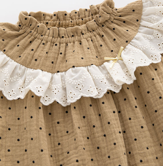 Khaki Infant Girls Polka Dots Printed Cotton Lace Bodysuit With Cap