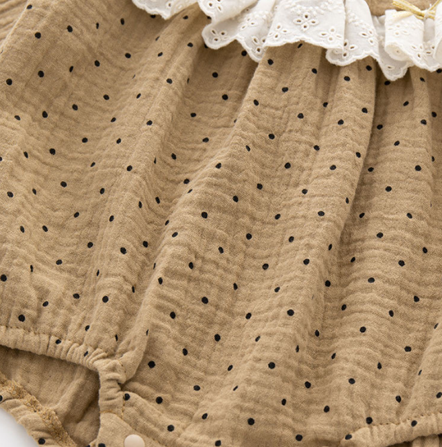 Khaki Infant Girls Polka Dots Printed Cotton Lace Bodysuit With Cap
