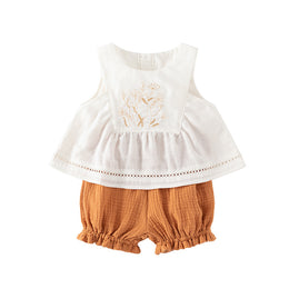 Girls White & Brown Embroidered Pure Cotton Tunic with Shorts