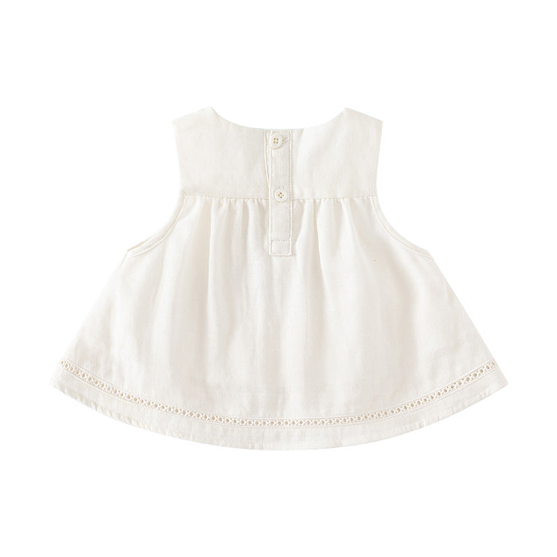 Girls White & Brown Embroidered Pure Cotton Tunic with Shorts