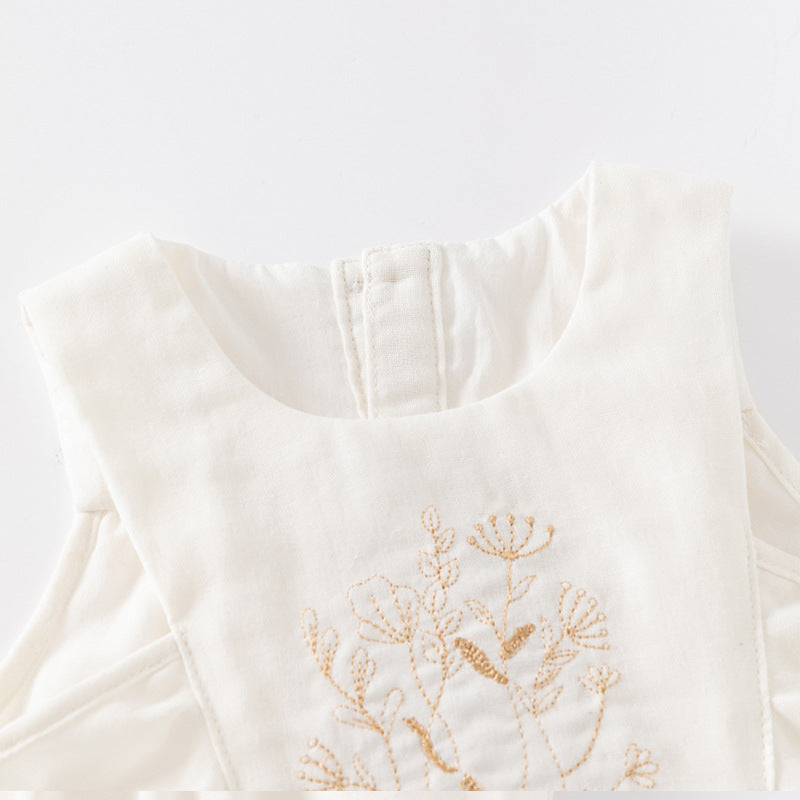 Girls White & Brown Embroidered Pure Cotton Tunic with Shorts
