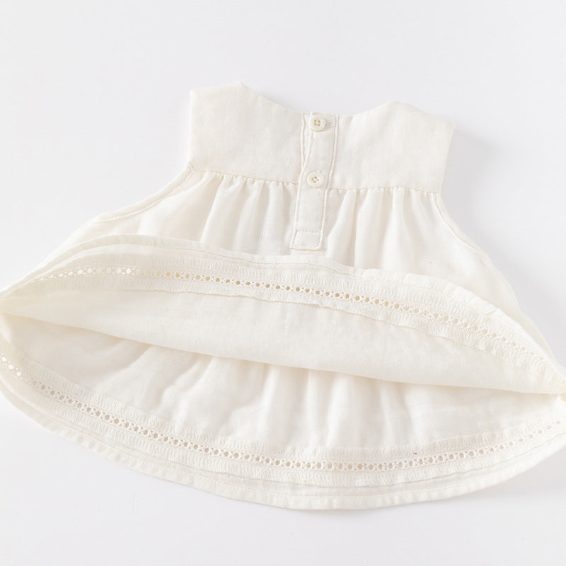 Girls White & Brown Embroidered Pure Cotton Tunic with Shorts