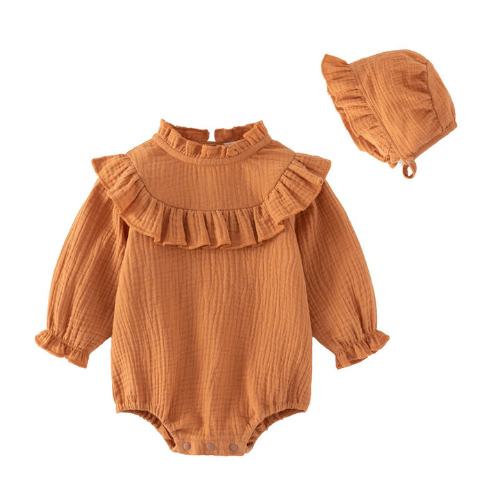 Infant Girls Brown Puff Sleeves Cotton Bodysuit With Cap