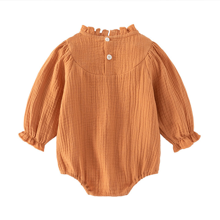 Infant Girls Brown Puff Sleeves Cotton Bodysuit With Cap