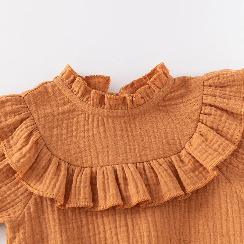 Infant Girls Brown Puff Sleeves Cotton Bodysuit With Cap