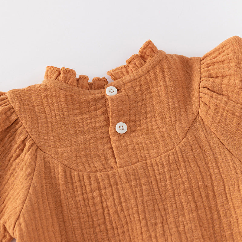 Infant Girls Brown Puff Sleeves Cotton Bodysuit With Cap