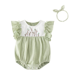 Infants Girls Green Cotton Floral Embroidered Bodysuit with Headband