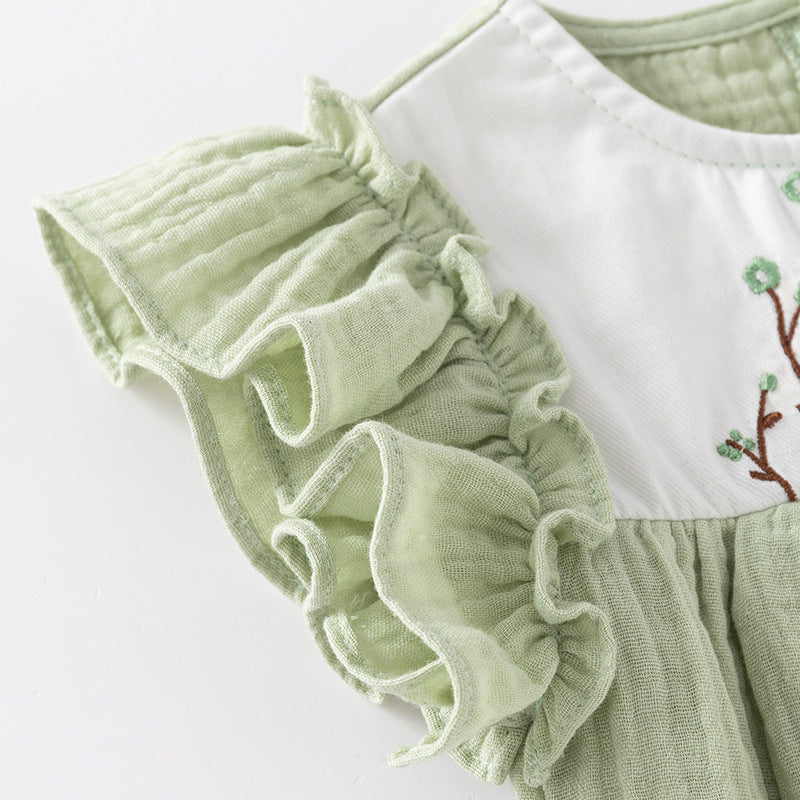 Infants Girls Green Cotton Floral Embroidered Bodysuit with Headband