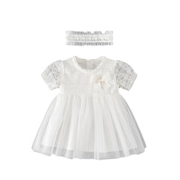 Girls White Self Design Puff Sleeves Bow Detail Cotton Fit and Flare Dress