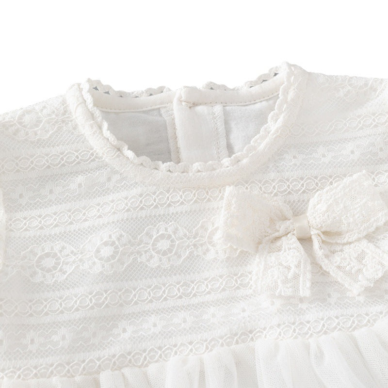 Girls White Self Design Puff Sleeves Bow Detail Cotton Fit and Flare Dress
