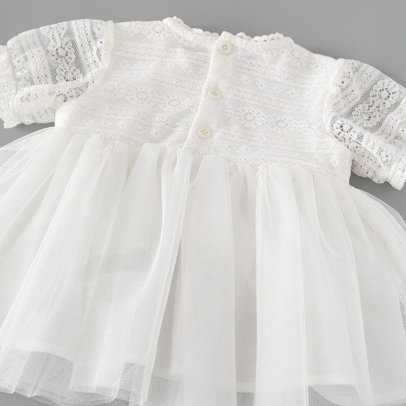 Girls White Self Design Puff Sleeves Bow Detail Cotton Fit and Flare Dress