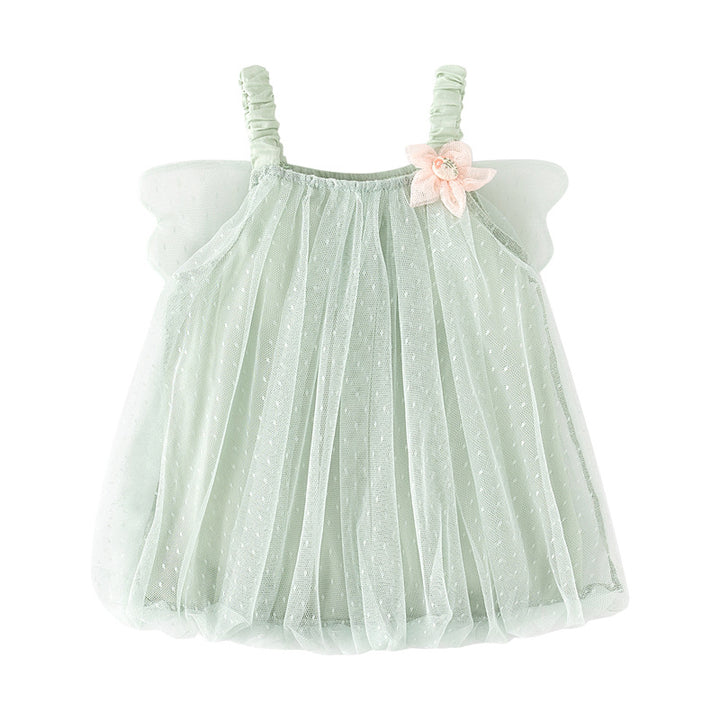 Girls Green Embellished Shoulder Straps Mini Dress