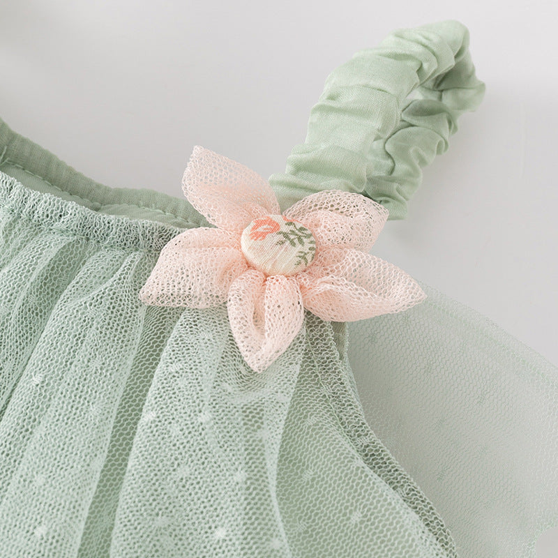 Girls Green Embellished Shoulder Straps Mini Dress